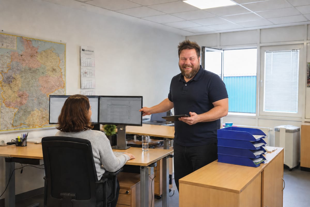 Daniel Möllmann im Gespräch mit einer Kollegin im Büro von Vita Guard Safety